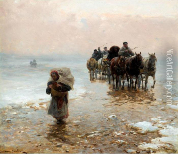 Returning From The Market In Winter Oil Painting - Alfred Wierusz-Kowalski