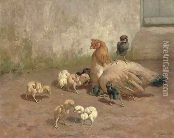 All My Own - A Hen with her Chicks Oil Painting - William Baptiste Baird