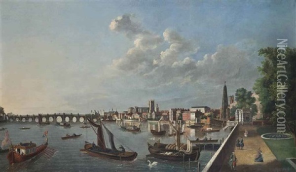 A View Of Westminster Bridge With The Royal Barge Oil Painting - Samuel Scott