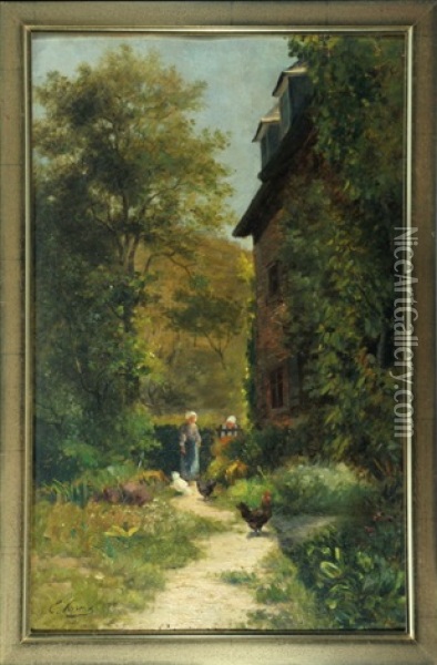 Haus Mit Zwei Personen Und Huhnern Im Hinterhof Oil Painting - Ernest Victor Hareux