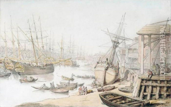A View On The Thames With Numerous Ships And Figures On The Wharf Oil Painting - Thomas Rowlandson