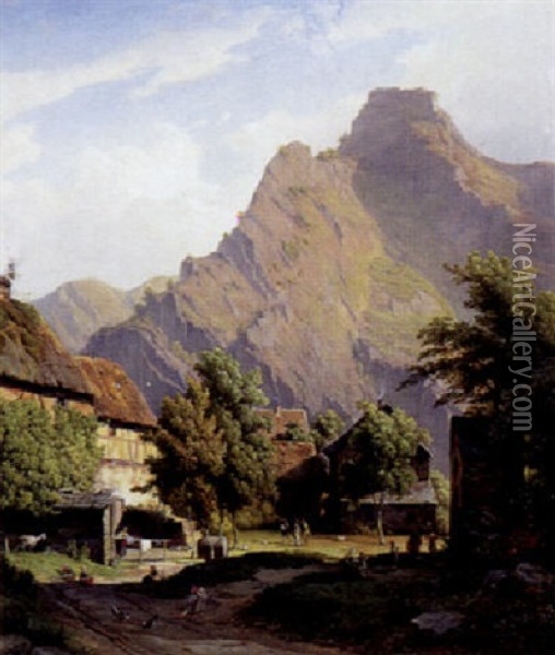 Alpelandskab Med Bjergtinder Og Landsbyliv Oil Painting - Frederic Hillemacher