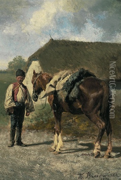Portrait Eines Ungarn In Tracht Mit Gesatteltem Pferd Vor Reetgedeckter Kate Oil Painting - Theodor Breitwieser