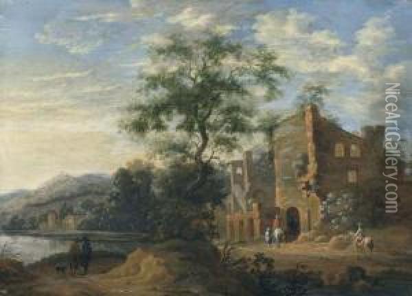 Landscape With Ruins And Figures. Oil Painting - Dionys Verburgh