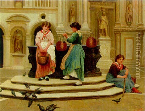 At The Well Oil Painting - Giuseppe Guzzardi