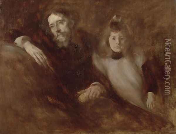 Portrait of Alphonse Daudet (1840-97) and his daughter Edmee, 1891 Oil Painting - Eugene Carriere
