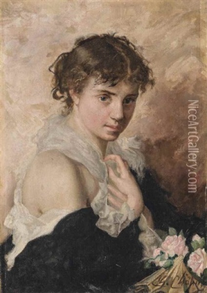 A Girl With Roses Oil Painting - Charles H. A. Chaplin