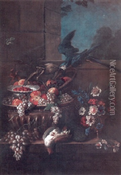 A Still Life With Fruit In An Urn And Flowers In A Vase On A Ledge With Monkey And A Parrot Perched On A Sill Above Oil Painting - Pierre Nicolas Huilliot