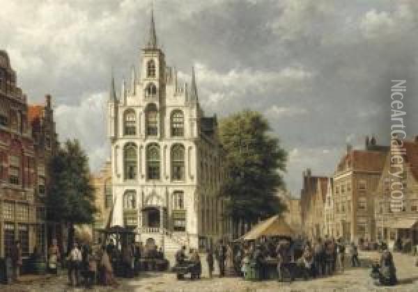 Marketday In Front Of The Townhall, Gouda Oil Painting - Willem Koekkoek