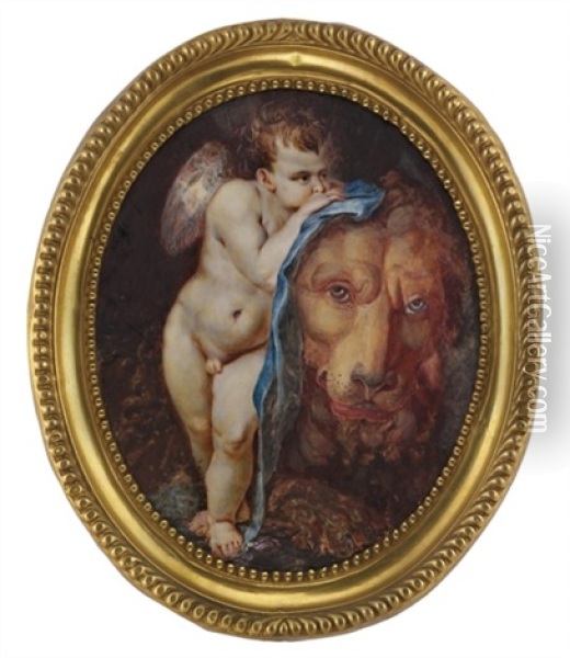 Cupid And The Lion Oil Painting - Christopher Deram