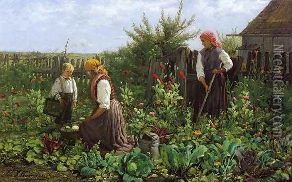 Tending the Garden I Oil Painting - Johann (John) J. Hammer