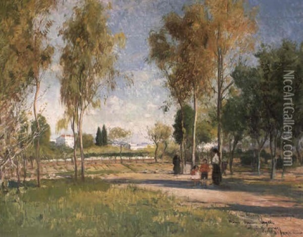 Figures In A Park Oil Painting - Eliseo Meifren y Roig