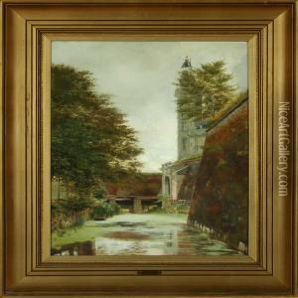 Scenery By A Moat Oil Painting - Johan Peter Von Wildenradt