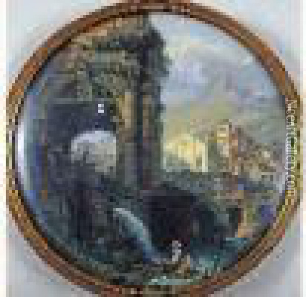 Paysage Aux Lavandieres, Avec Arc Romain Oil Painting - Giovanni Migliara