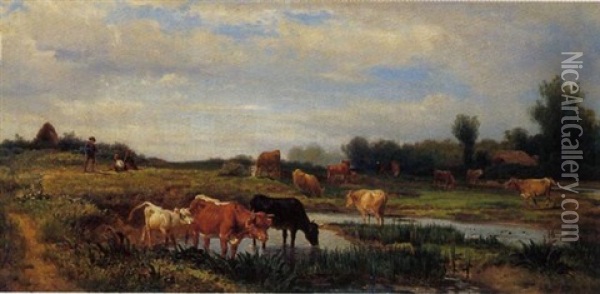 Kuhherde Mit Hirten Am Kleinen Teich Oil Painting - Gustav Ranzoni