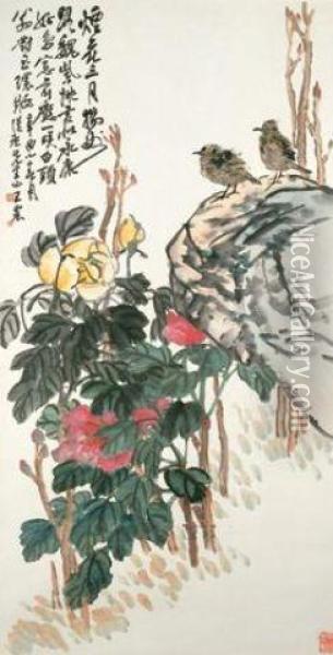 Chinese Bulbul And Peony Oil Painting - Wang Zhen