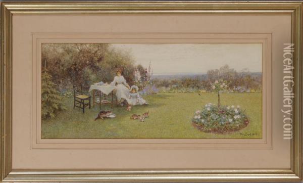 Tea In The Garden With Mum And Kitties Oil Painting - Thomas Lloyd