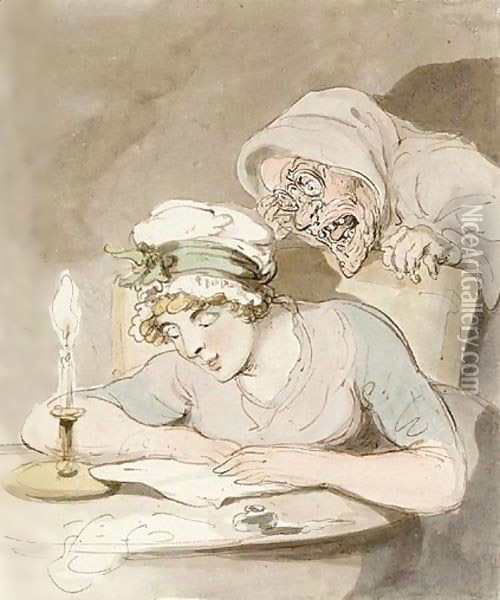 A Young Lady Reading A Book, An Old Hag At Her Shoulder Oil Painting - Thomas Rowlandson