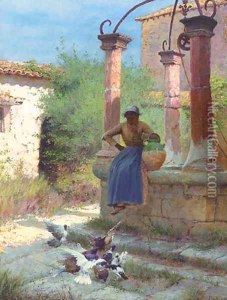 Feeding pigeons at the well Oil Painting - Edward Docker