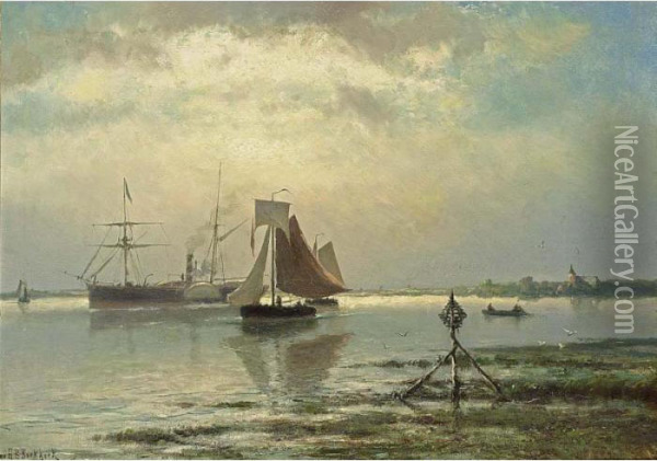 Shipping In An Estuary Oil Painting - Johannes Hermann Barend Koekkoek