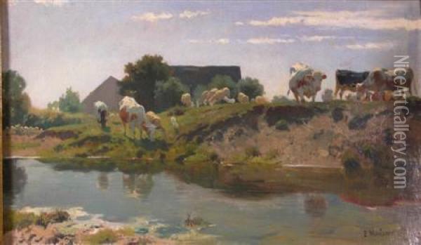 Cattle By A Stream Oil Painting - Ernst Adolf Meissner