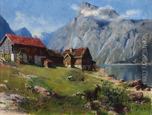 Norsk Fjord Med Getter Oil Painting - Hans Andreas Dahl