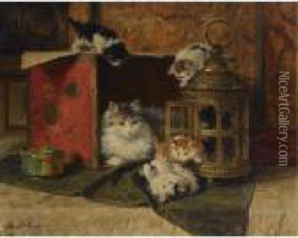 A Mother Cat Watching Her Kittens Playing Oil Painting - Henriette Ronner-Knip