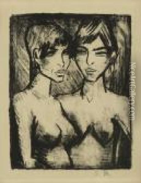 Zwei Madchen - Halbakte (russisches Madchenpaar) Oil Painting - Otto Mueller