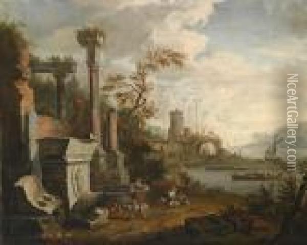 Harbour On A Southern Lake With Romanruins Oil Painting - Marco Ricci