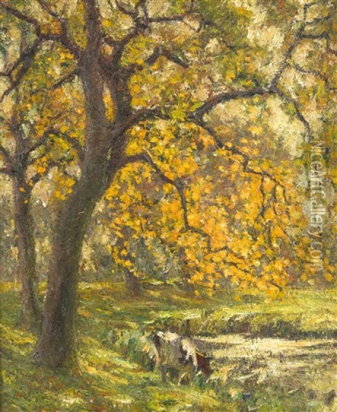 Herbstliche Landschaft Mit Kuh Am Kanalufer Oil Painting - Alphonse van Beurden Sr.
