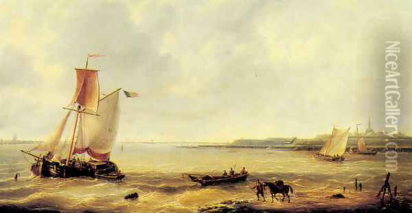 Fishing off a Jetty with a Village Beyond Oil Painting - Louis Verboeckhoven