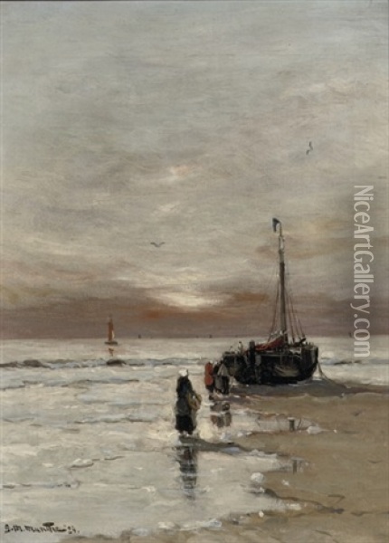 Fisher Women On The Beach At Sunset Oil Painting - Gerhard Arij Ludwig Morgenstjerne Munthe