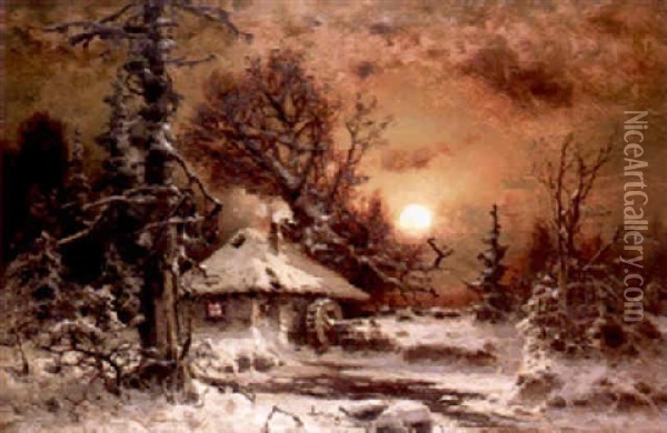 Cottage In A Winter Landscape At Sunset Oil Painting - Yuliy Yulevich (Julius) Klever