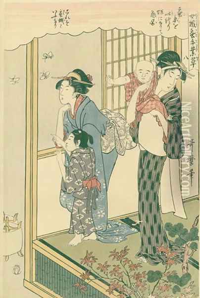 Watching moths, no.8 from Joshoku kaiko tewaza-gusa, c.1800 Oil Painting - Kitagawa Utamaro