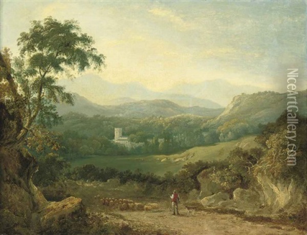 A Mountainous Landscape Near Porthmadog, With A Shepherd, His Flock And A Collie In A Lane, A Traveller In The Distance, Cows In A Dale And A Village... Oil Painting - George Barret