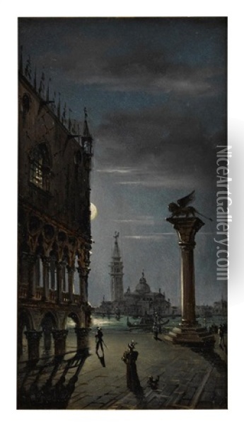 Piazza San Marco By Moonlight, Venice Oil Painting - Marco Grubas