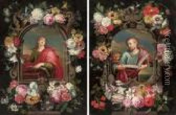Saint John The Evangelist Within
 A Cartouche Decorated With A Tulip, Roses, Carnations, Forget-me-nots 
And Other Flowers; And Saint Mark Within A Cartouche Decorated With A 
Tulip, Roses, Carnations And Other Flowers Oil Painting - Jan Brueghel the Younger