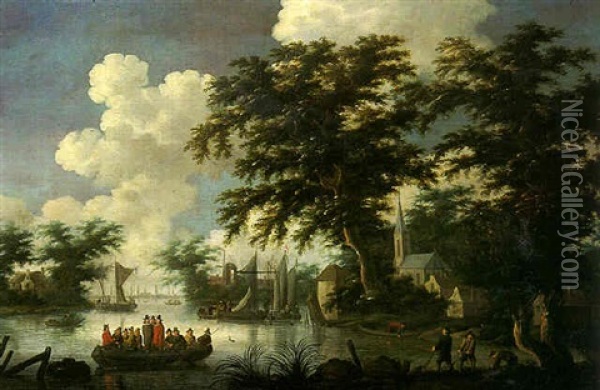 A Ferry On A River, With Fishermen Hauling In Their Nets By A Village Oil Painting - Willem van Diest