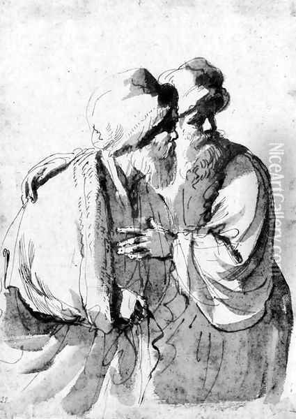 Two bearded orientals looking to the right for a Susanna and the Elders Oil Painting - Giovanni Francesco Barbieri