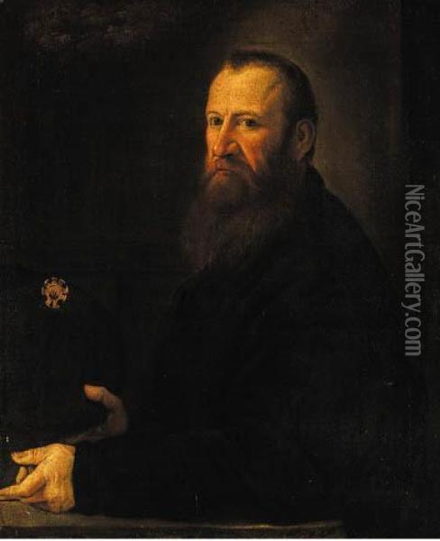 Portrait Of A Gentleman, Half-length, In Black Costume, Holding Ahat Oil Painting - Jacopo Robusti, II Tintoretto