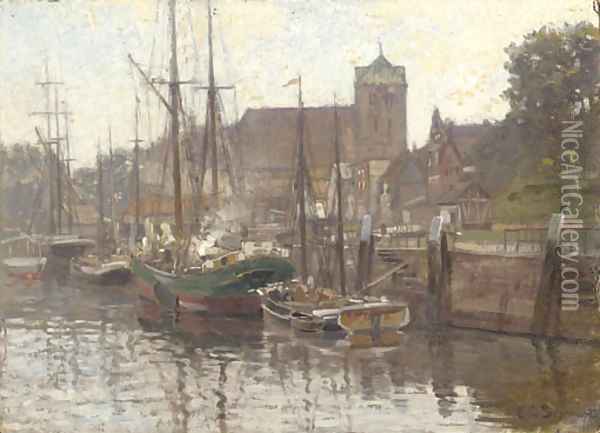 Boats moored on a canal Oil Painting - Carl Cowen Schirm