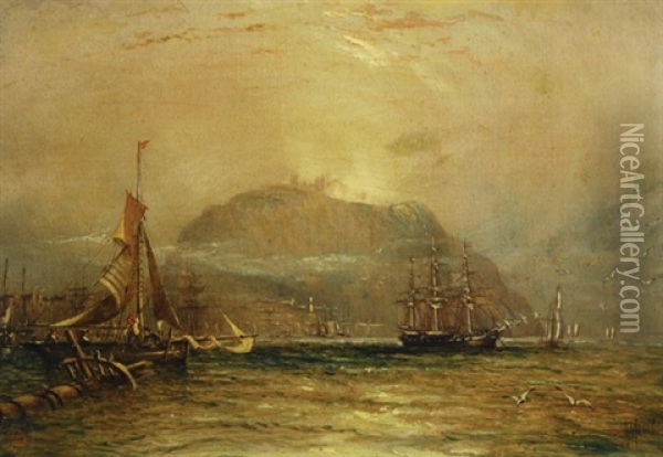 Shipping Off A Harbour, A Clifftop Castle Emerging Through The Mist Oil Painting - Claude T. Stanfield Moore