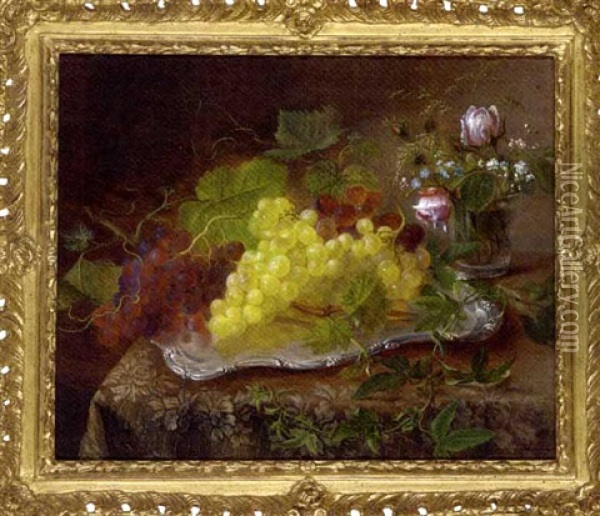Grapes On A Silver Platter With Summer Flowers In A Glass Alongside Oil Painting - Emma Augusta Thomsen