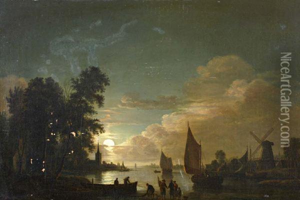 Dorpje En Figuren Aan De Rivier Bij Maanlicht Oil Painting - Jacobus Theodorus Abels