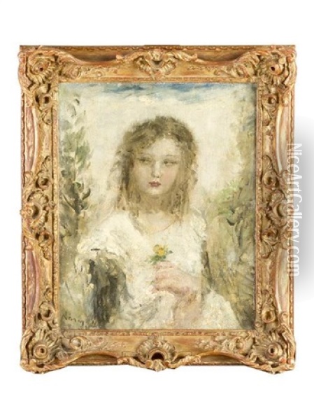 Girl Portrait With Flower In Her Hand Oil Painting - Aurel Naray