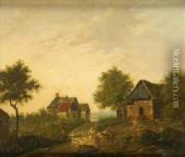 Theold Farmstead, Figures On A Cart Track In Evening Sunlight Oil Painting - Patrick, Peter Nasmyth