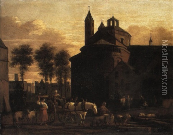 The Church Of The Holy Apostles, Cologne, With Peasants Oil Painting - Gerrit Adriaensz Berckheyde