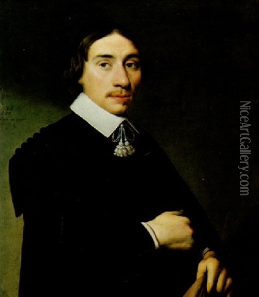 A Portrait Of A Gentleman, Dressed In A Black Cloak And White Collar Oil Painting - Anthonie Palamedesz