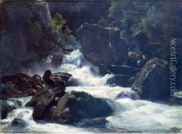 A Waterfall Oil Painting - Johann Gottfried Steffan