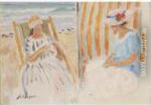 Deux Jeune Filles Sur La Plage De Saint-jean-de-monts Oil Painting - Henri Lebasque